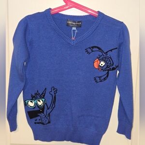 Andy & Evan Blue Sweater with Cartoon Monster Design
